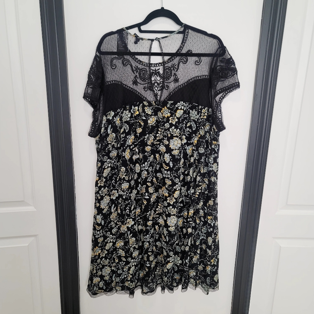 New Torrid Size 4 Floral Mesh Lace Cap Sleeve Dress Boho Romantic Gauze A-Line